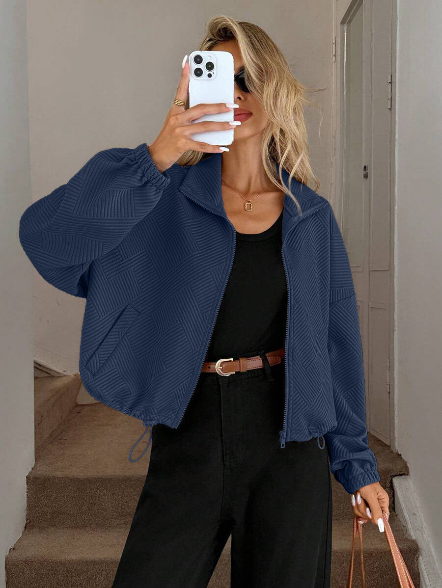 Textured Zip Up Bomber Jacket Drawstring Hem Casual Coat