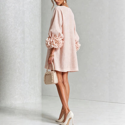 Elegant Floral Applique Balloon Sleeve A-Line Mini Dress