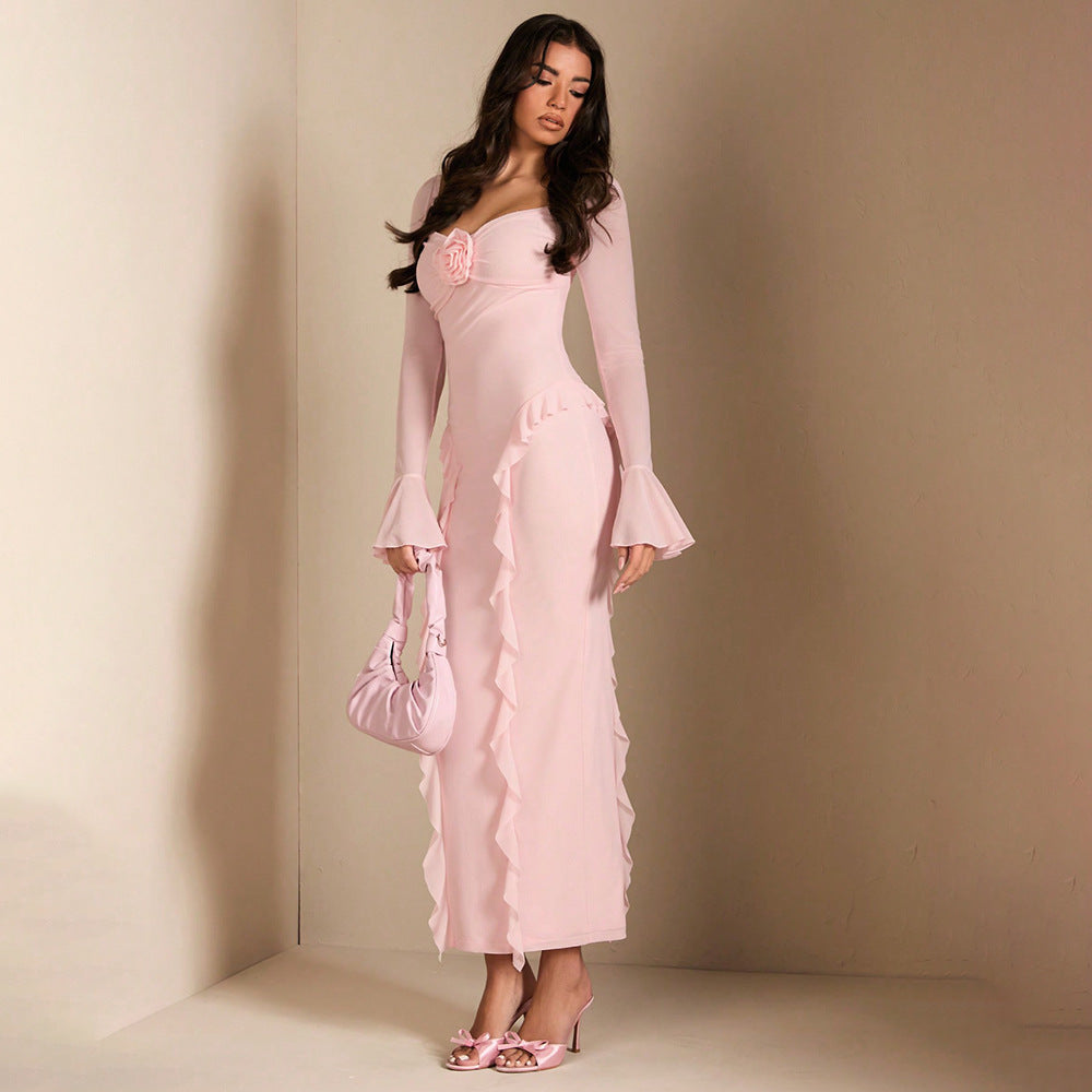V Neck Bell Sleeve Ruffle Bodycon Midi Dress