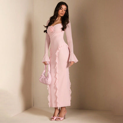 V Neck Bell Sleeve Ruffle Bodycon Midi Dress