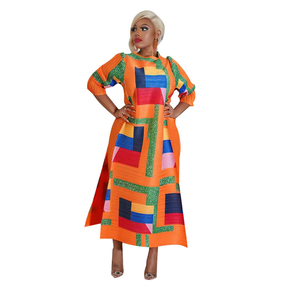 Women's Geometric Pleated Maxi Dress 3/4 Sleeve Colorful