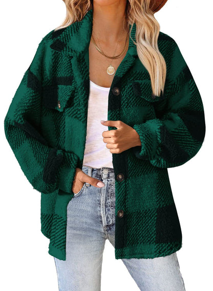 Women's Oversized Plaid Sherpa Shacket Jacket Pockets