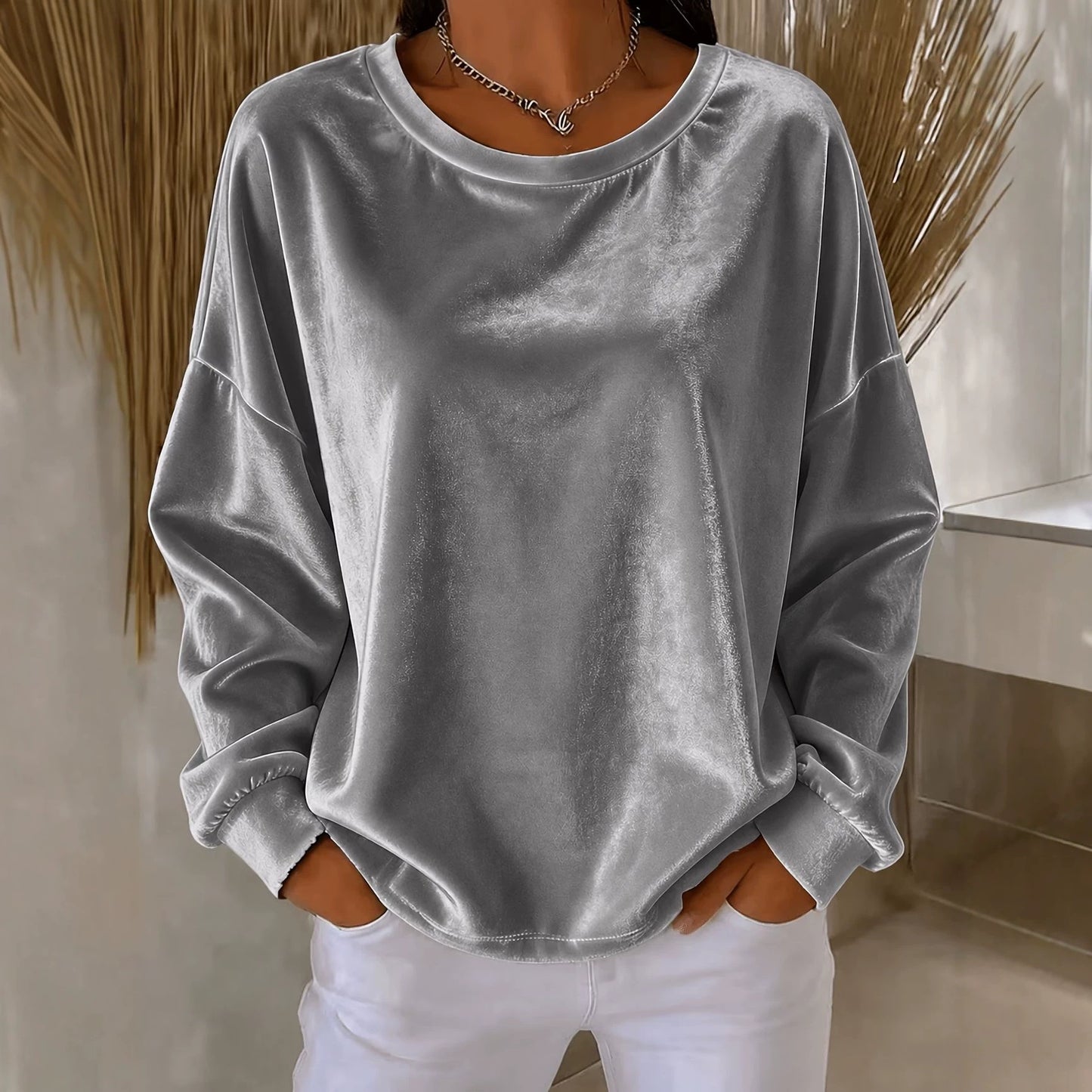 Women Velvet Long Sleeve Crew Neck Casual Tunic Top