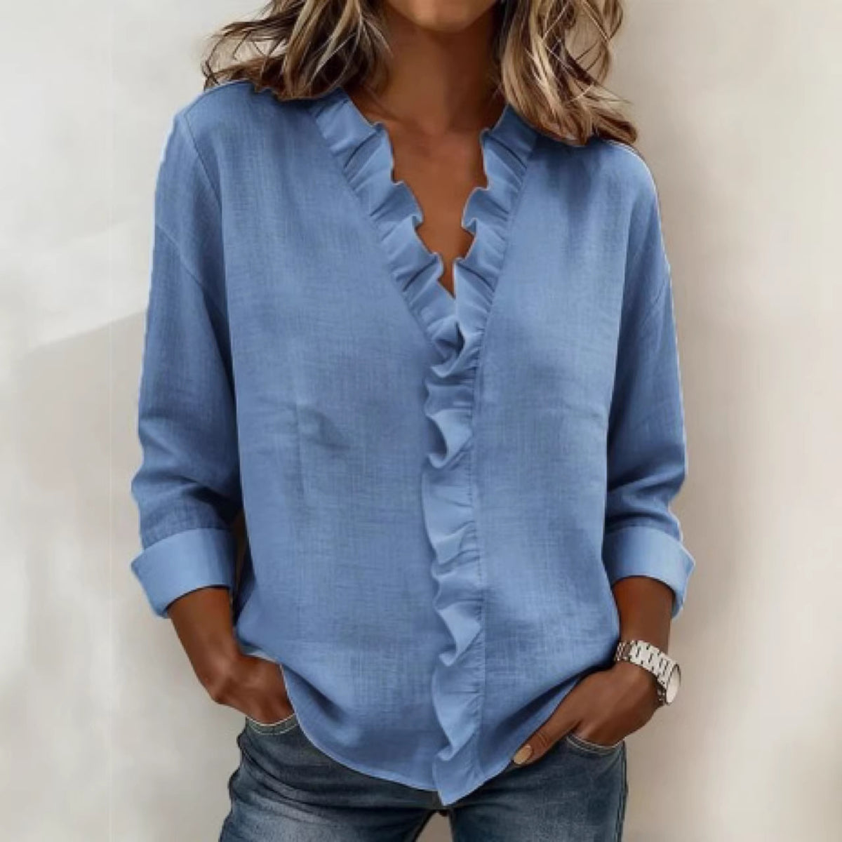 Women's Ruffle V-Neck Long Sleeve Linen Blend Blouse