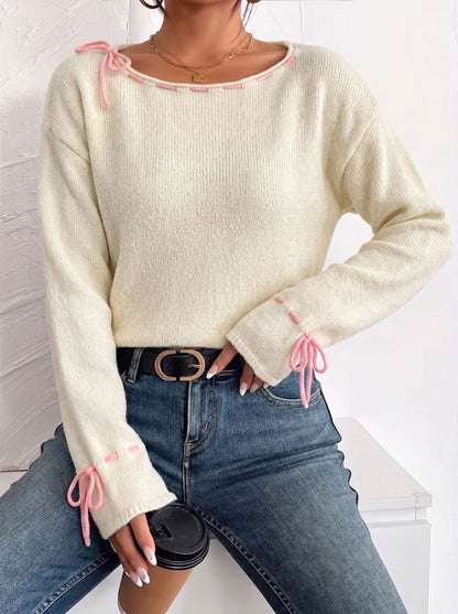 Women's Oversized Bow Crewneck Sweater Cream Knit Top