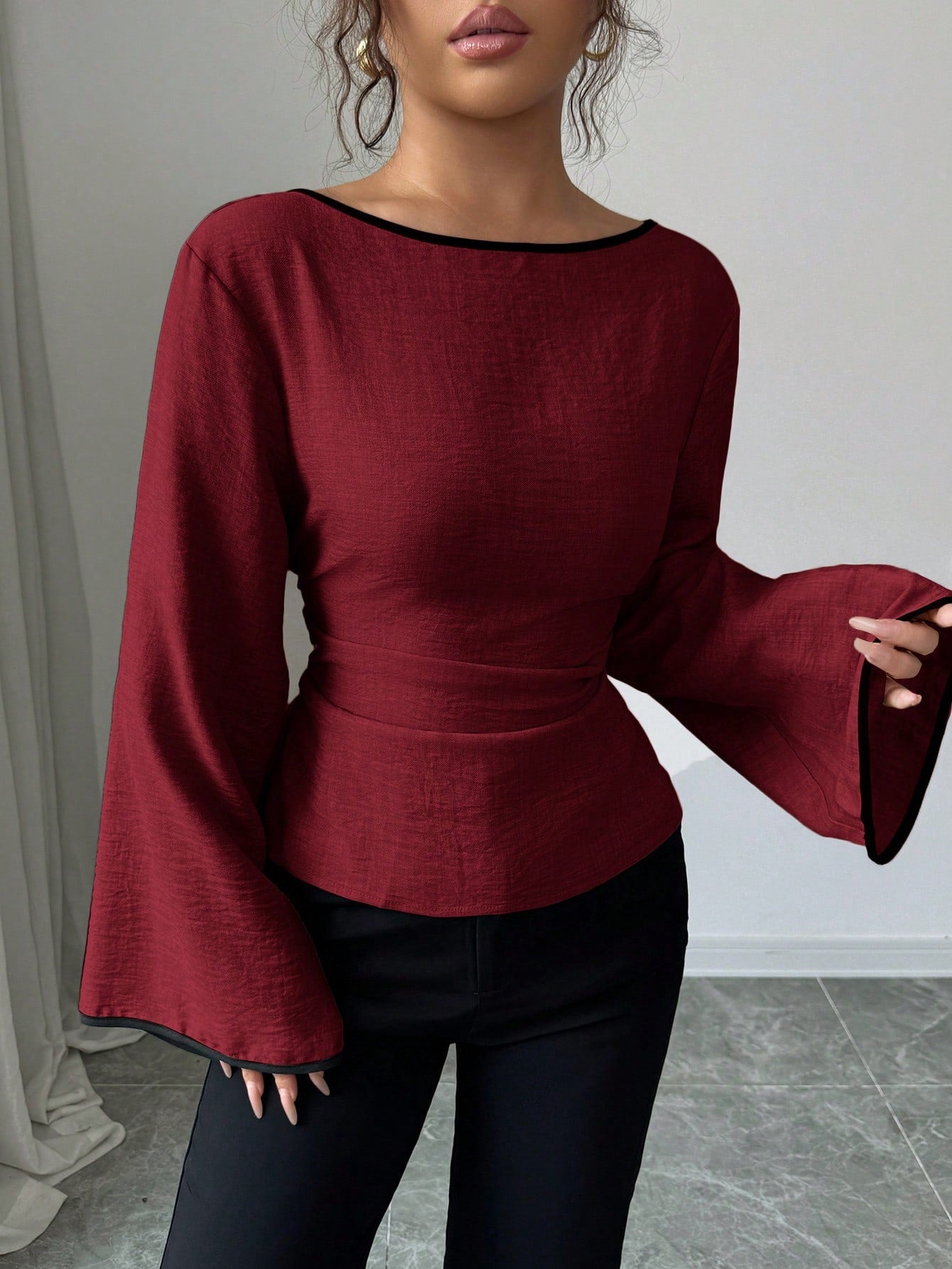 Women's Elegant Boat Neck Bell Sleeve Cinched Waist Blouse