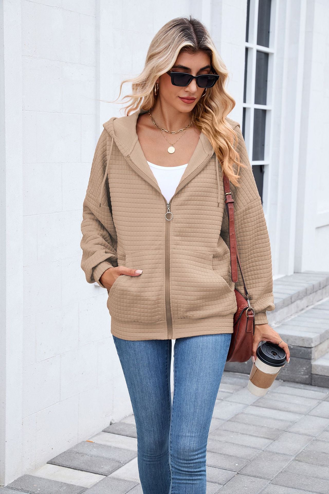 Quilted Zip Up Hooded Jacket Hoodie with Pockets