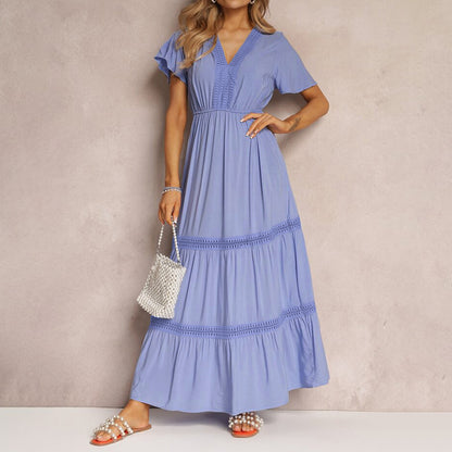 Elegant Lace Flare Long Sleeve V-Neck Dress