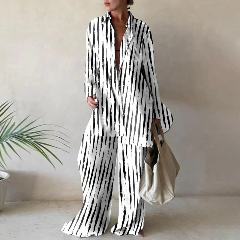 Matching Set Abstract Print Oversized Shirt Wide Leg Pants