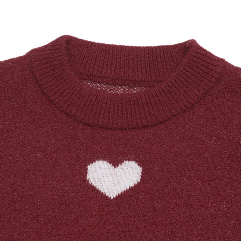 Heart Jacquard Knit Crew Neck Oversized Sweater