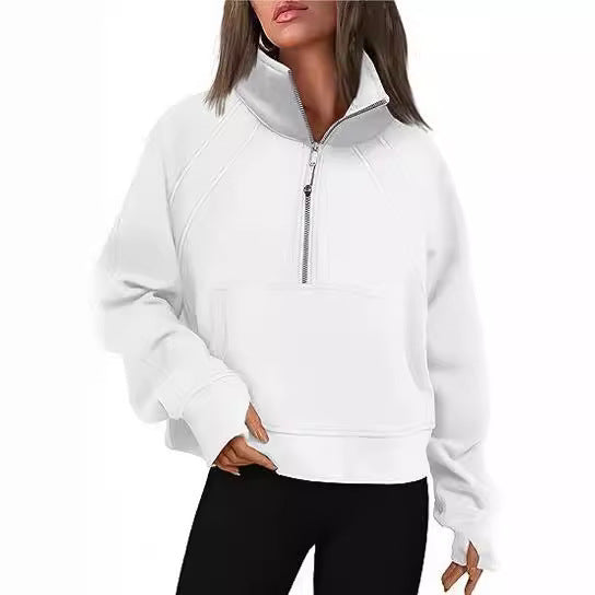 Oversized Half Zip Fleece Cropped Sweatshirt with Pocket