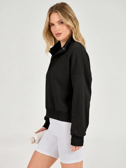 Cropped Henley Sweatshirt Polo Collar Relaxed Fit