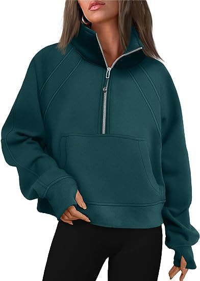 Oversized Half Zip Fleece Cropped Sweatshirt with Pocket