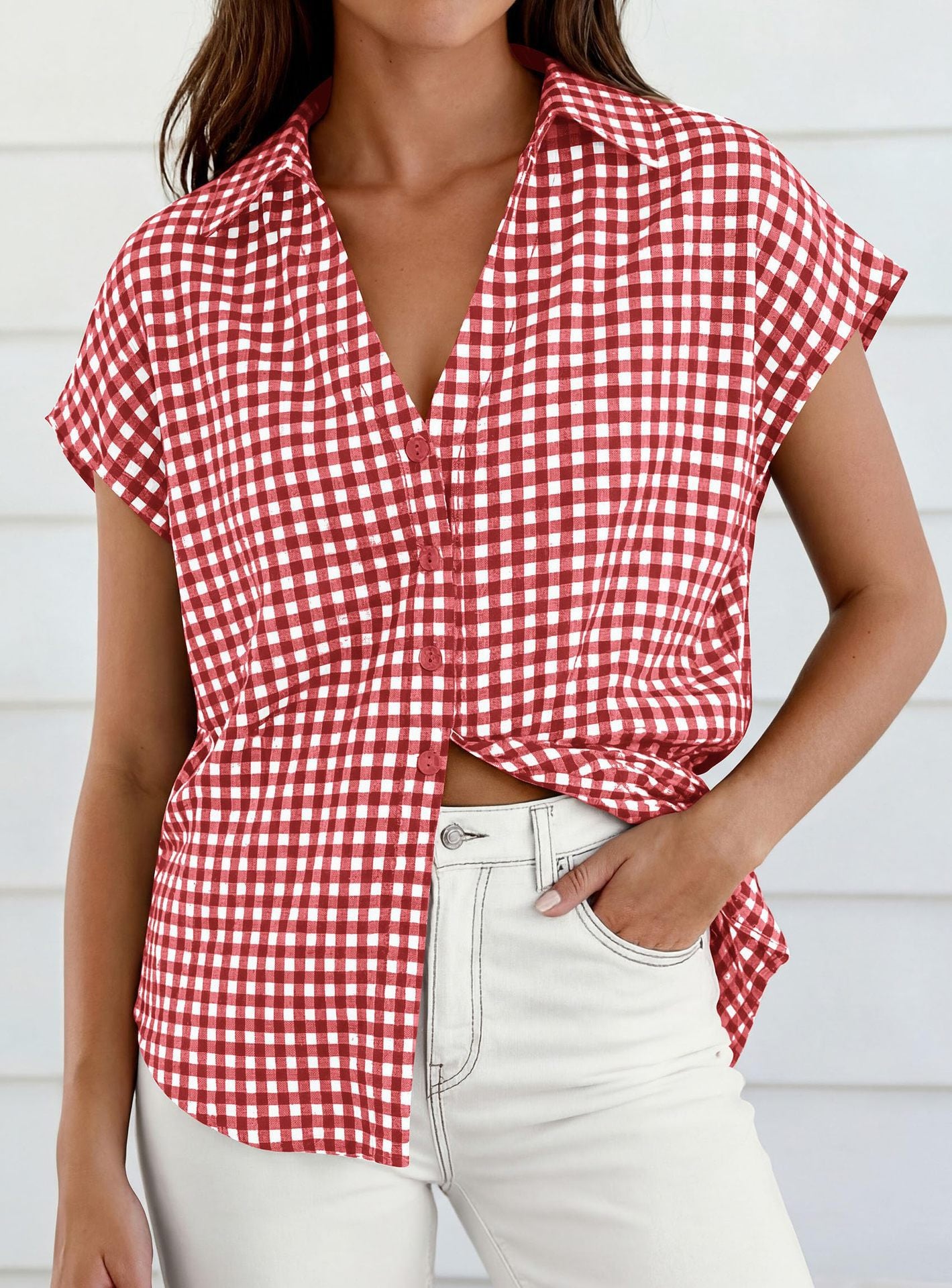 Gingham Button Down Short Sleeve Loose Fit Blouse