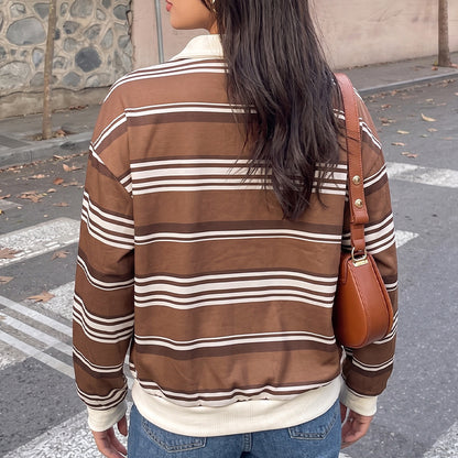 Striped Polo Sweatshirt Contrast Collar Relaxed Fit