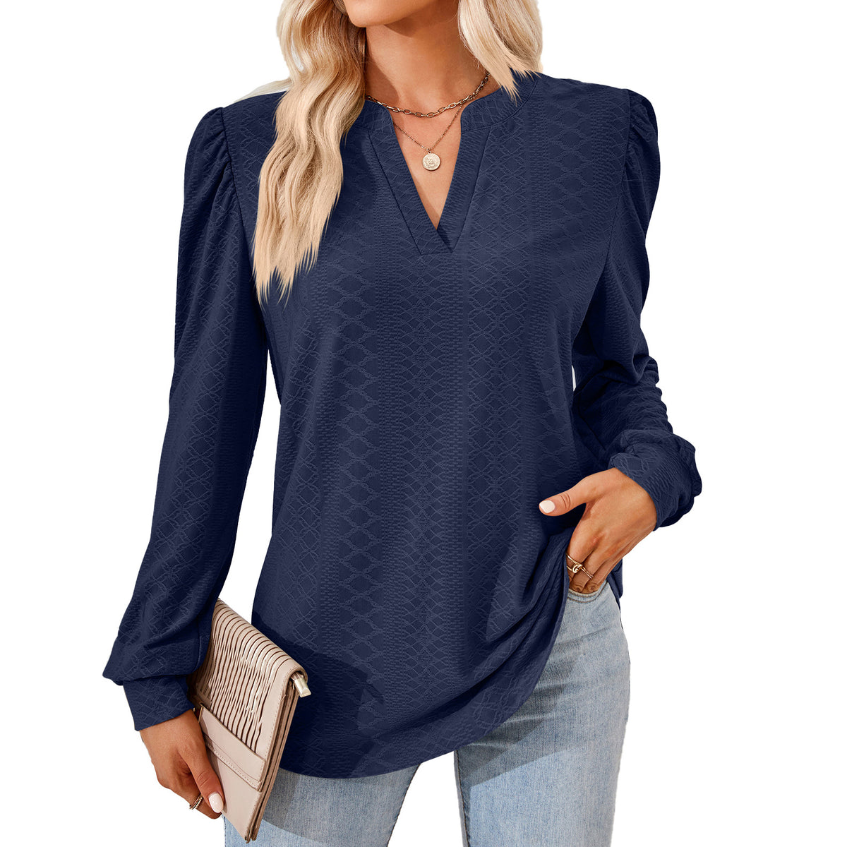 Women's V Neck Puff Sleeve Textured Tunic Top Long Sleeve