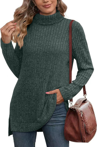 Oversized Ribbed Turtleneck Tunic Top Side Split