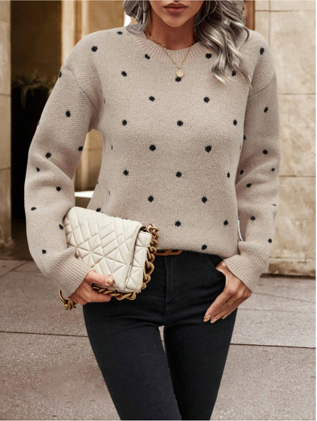 Women's Polka Dot Crew Neck Long Sleeve Sweater