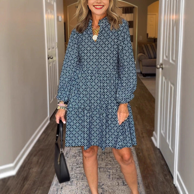 Women's Geometric V-Neck Midi Dress 3/4 Sleeve Flowy Casual