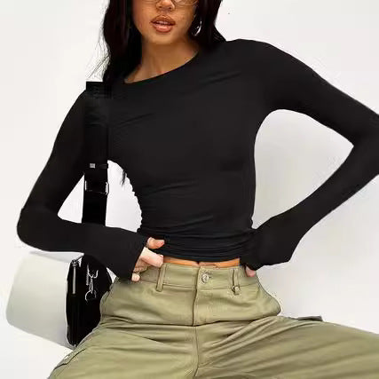 Women's Fitted Long Sleeve Crop Top Round Neck Basic Tee