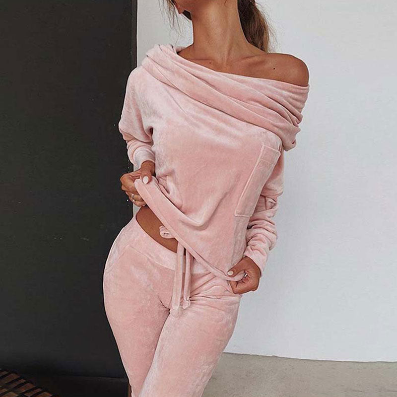 Women's Off Shoulder Velour Lounge Tracksuit Set