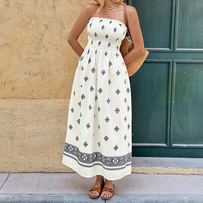 Spring/Summer New Ethnic Smocked Strapless Dress