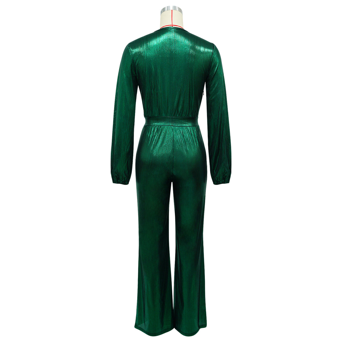 Sexy Metallic V-Neck Long Sleeve Flare Jumpsuit