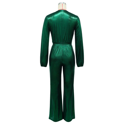 Sexy Metallic V-Neck Long Sleeve Flare Jumpsuit