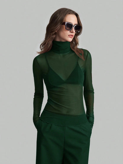 Solid Mesh Turtleneck Top Long Sleeve Fitted Blouse