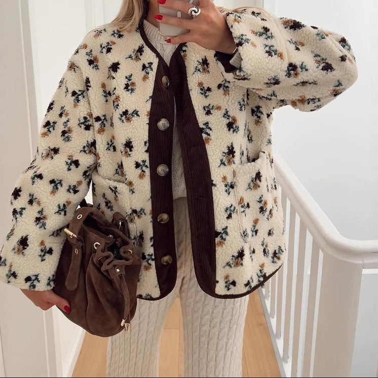 Women's Floral Sherpa Fleece Button Front Jacket