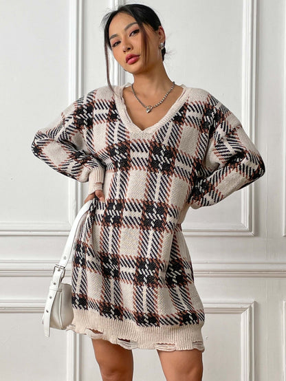 Plaid Color Block Knit Dress with Long Sleeves for Fall
