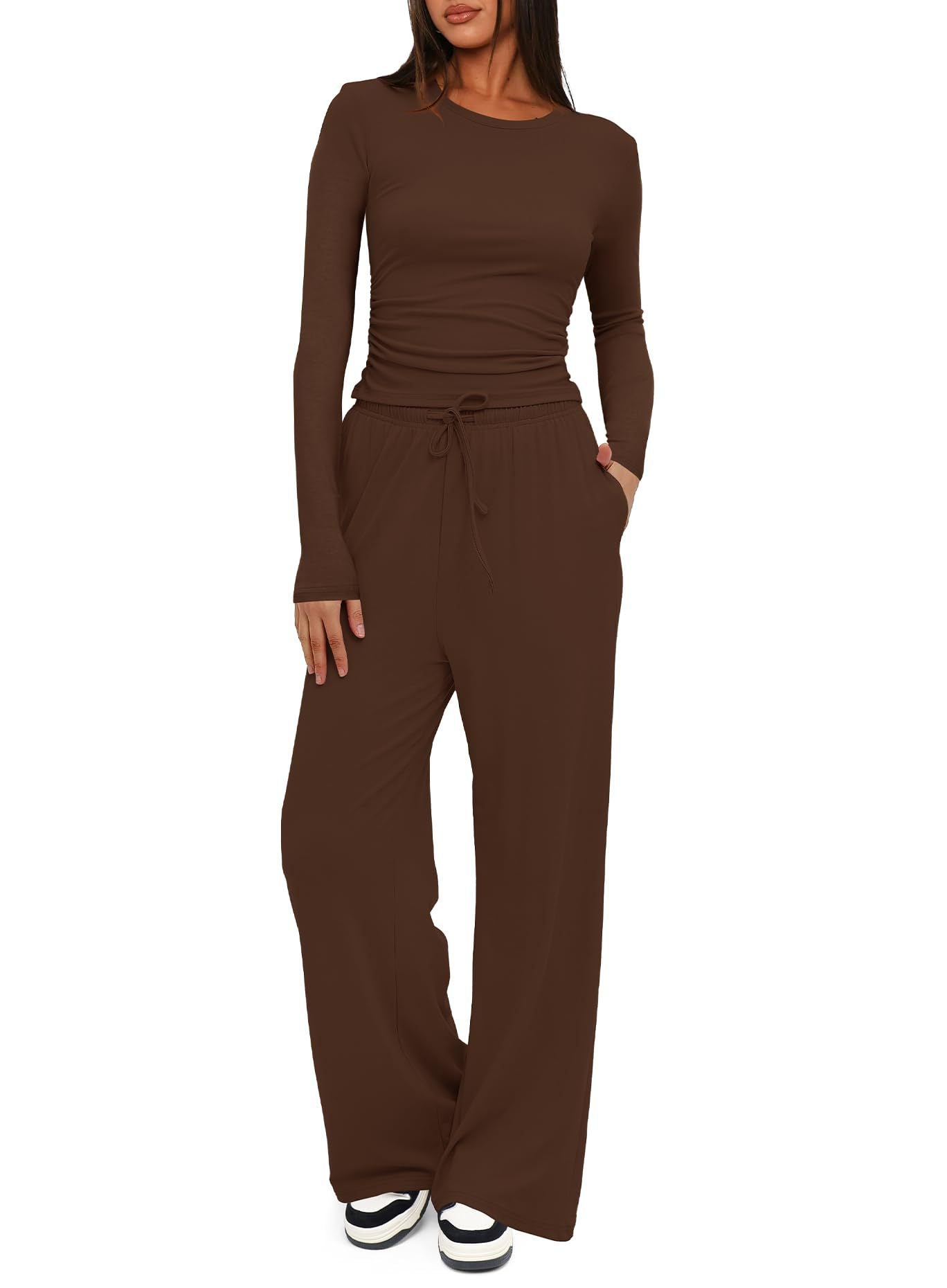 Women's 2 Piece Lounge Set Long Sleeve Top Wide Leg Pants