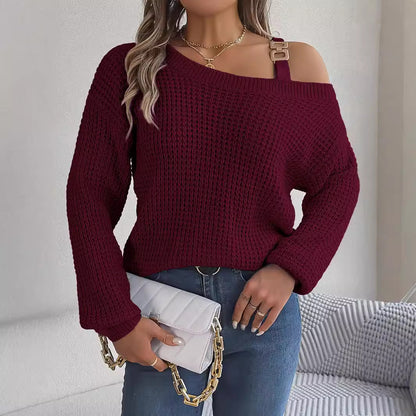 Women's Off Shoulder Buckle Balloon Sleeve Knit Sweater