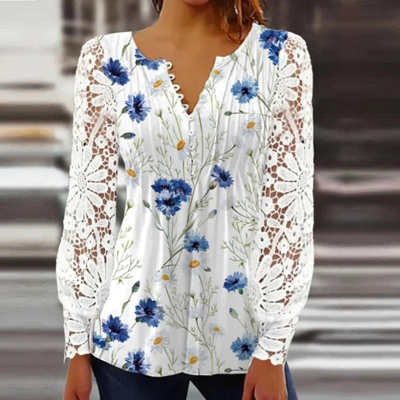 Women's Lace Sleeve Pleated V-Neck Blouse