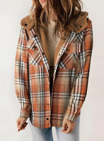 Women's Plaid Fleece Hooded Shacket with Pockets