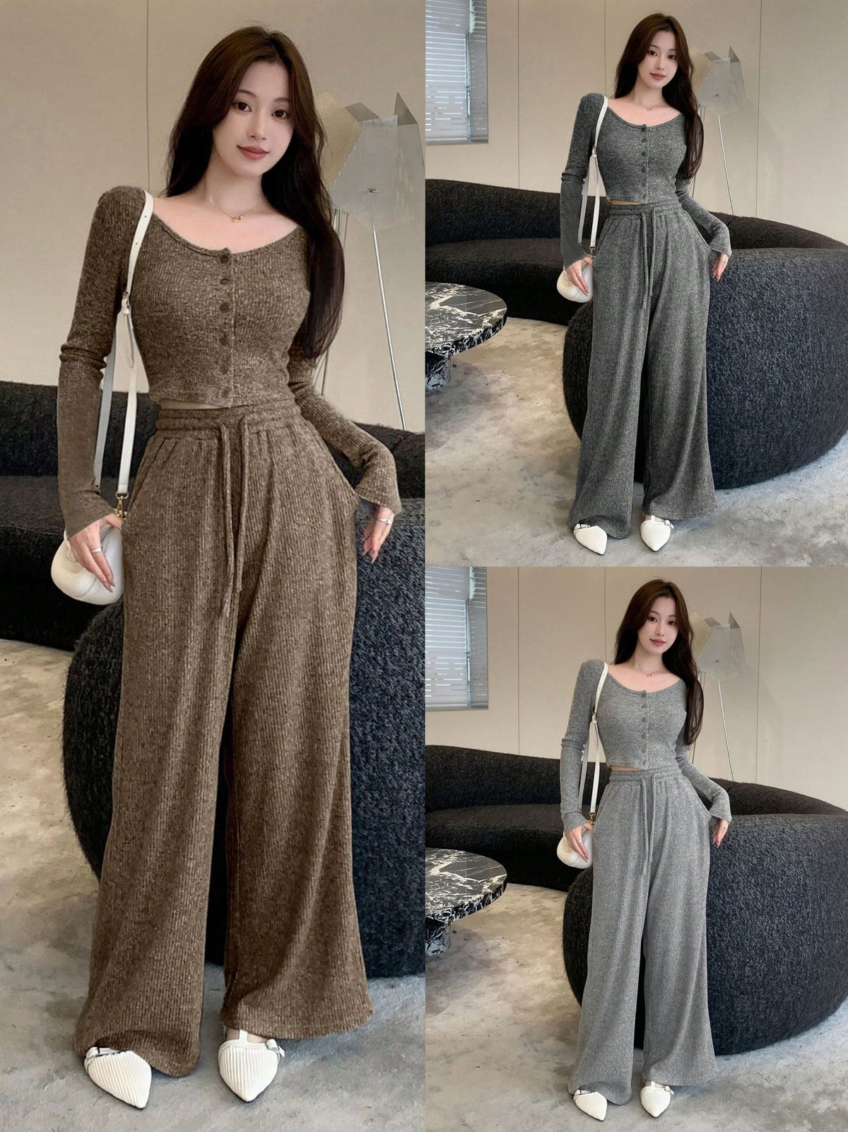 Women's Ribbed Two Piece Set Wide Leg High Waist Pants