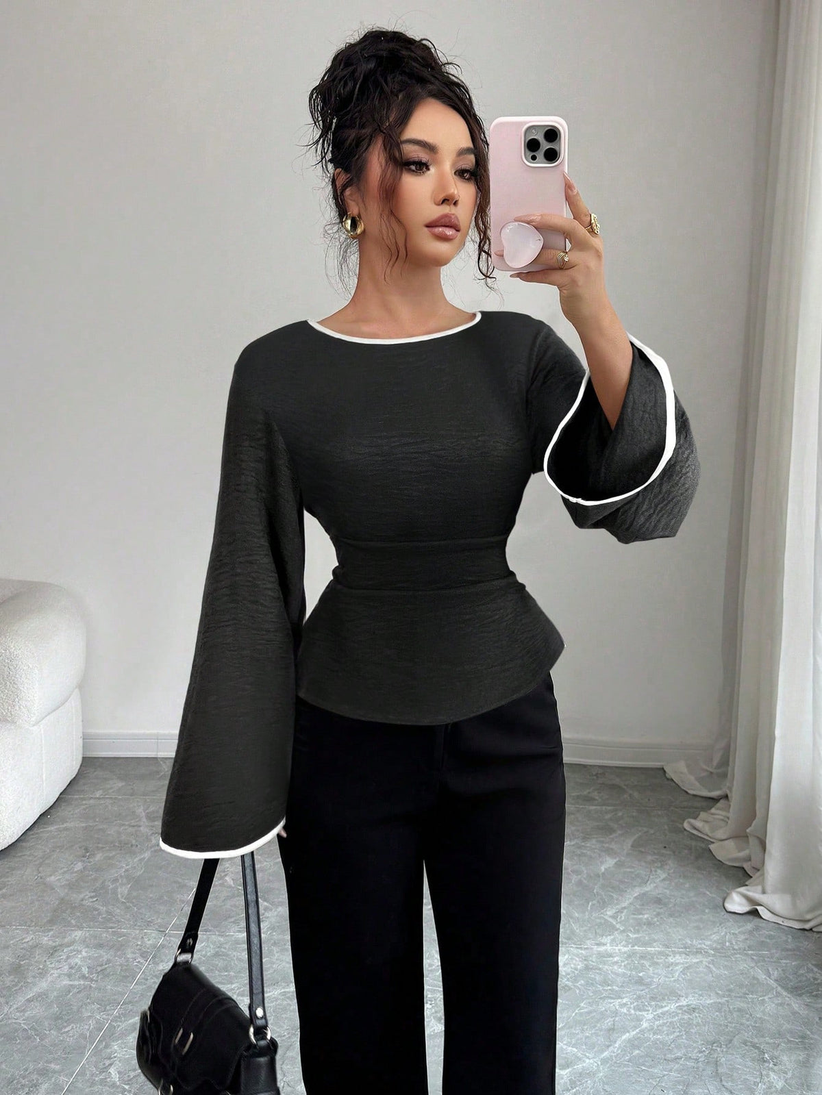 Women's Elegant Boat Neck Bell Sleeve Cinched Waist Blouse