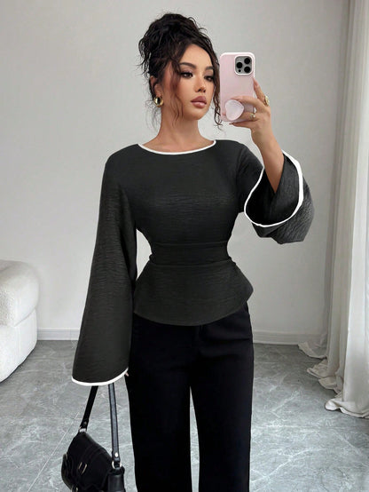 Women's Elegant Boat Neck Bell Sleeve Cinched Waist Blouse