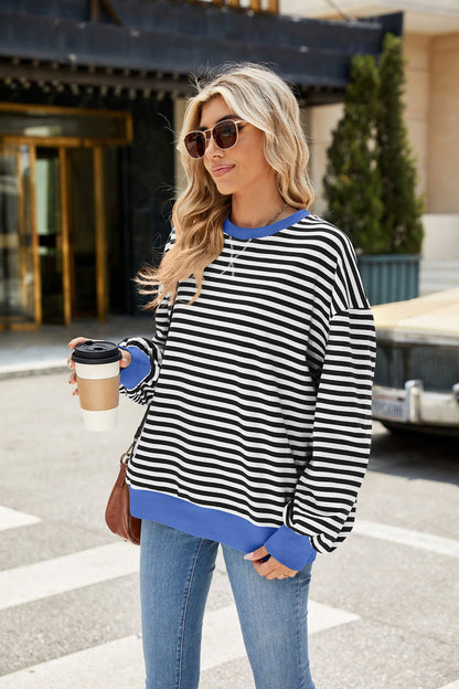 Striped Color Block Crew Neck Oversized Sweatshirt