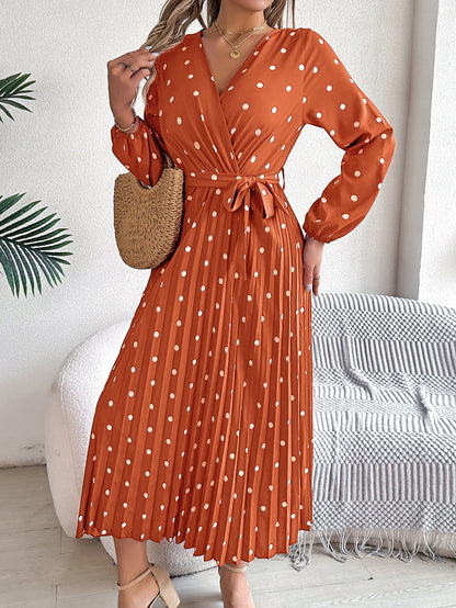 Elegant Polka Dot Cross-Over V-Neck Pleated Midi Dress