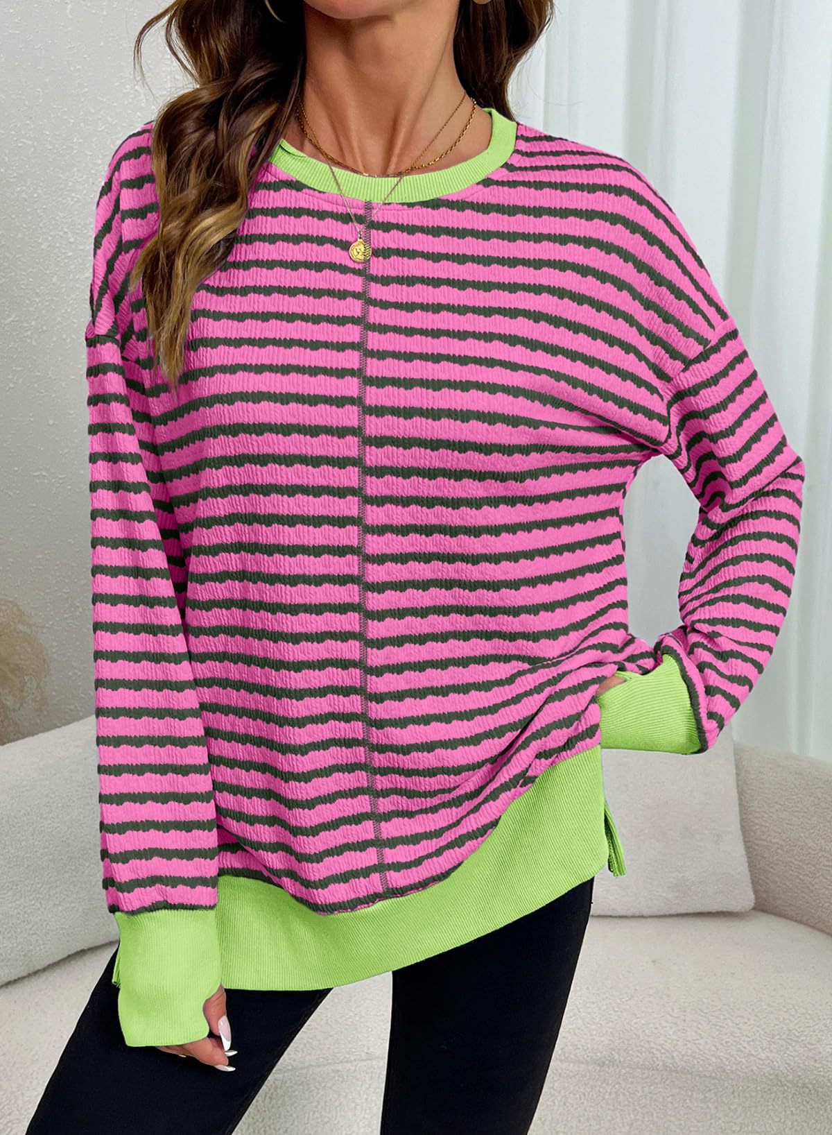 Women's Oversized Striped Crewneck Sweatshirt Side Slit
