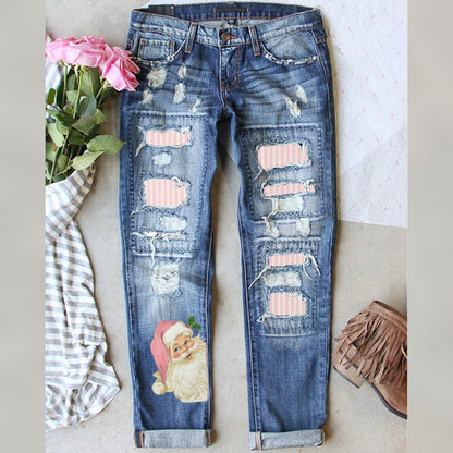 Vintage Santa Print Distressed Jeans Women Christmas Denim