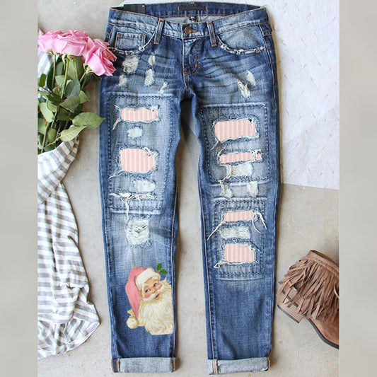Vintage Santa Print Distressed Jeans Women Christmas Denim