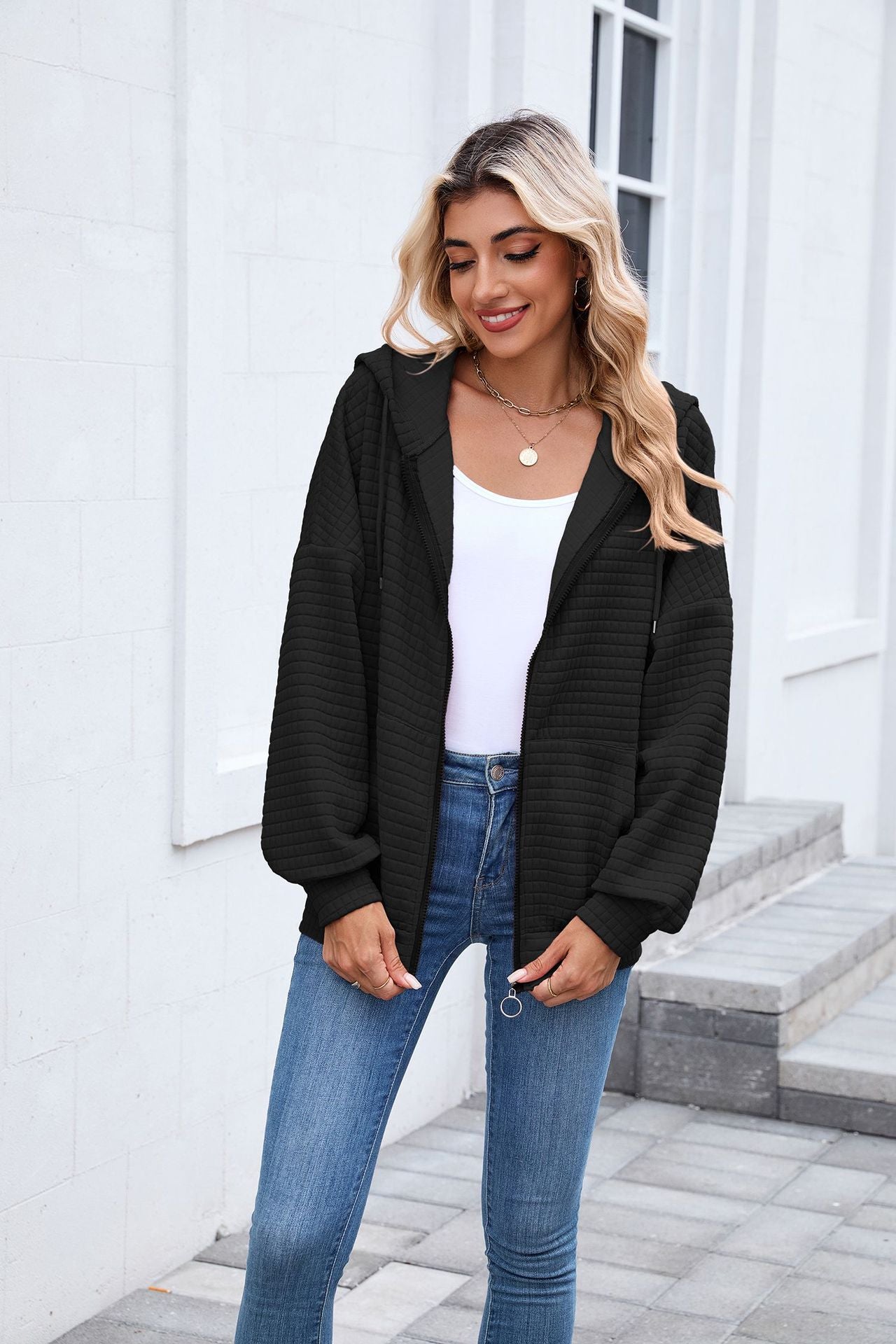 Quilted Zip Up Hooded Jacket Hoodie with Pockets