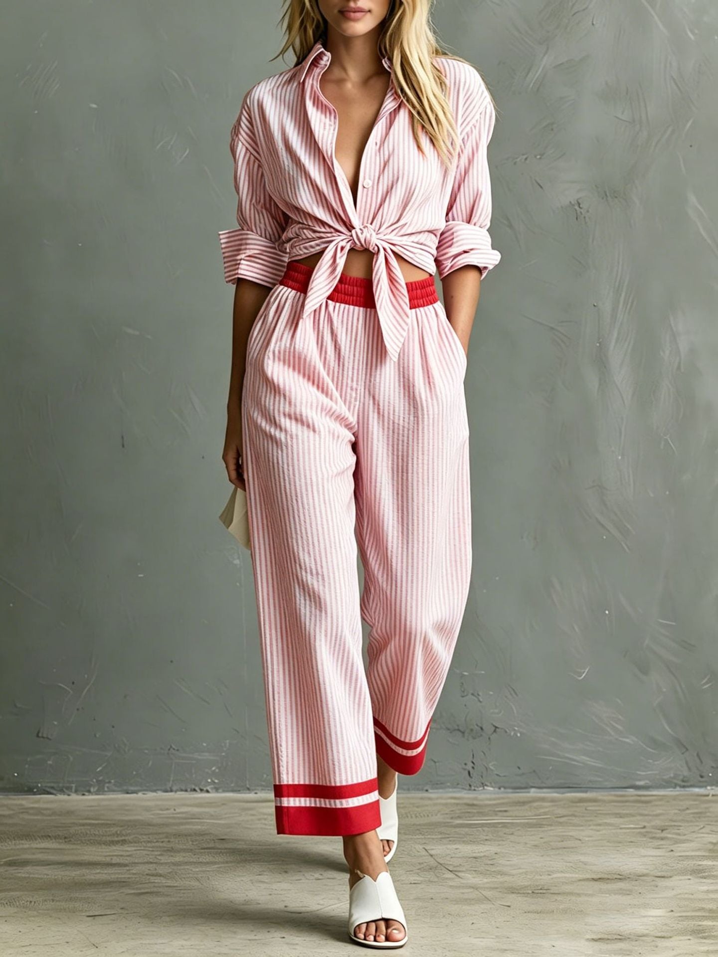 Women's Striped Button Down Shirt & Pants Matching Set