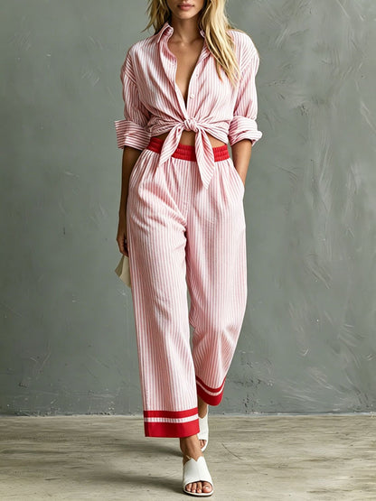 Women's Striped Button Down Shirt & Pants Matching Set