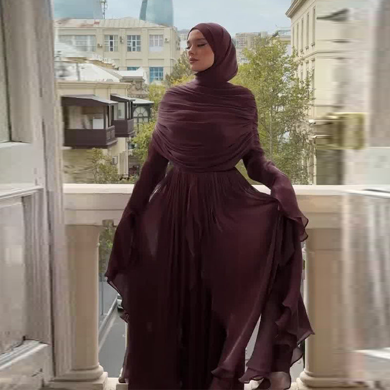 Women's Elegant Pleated Long Sleeve Maxi Dress