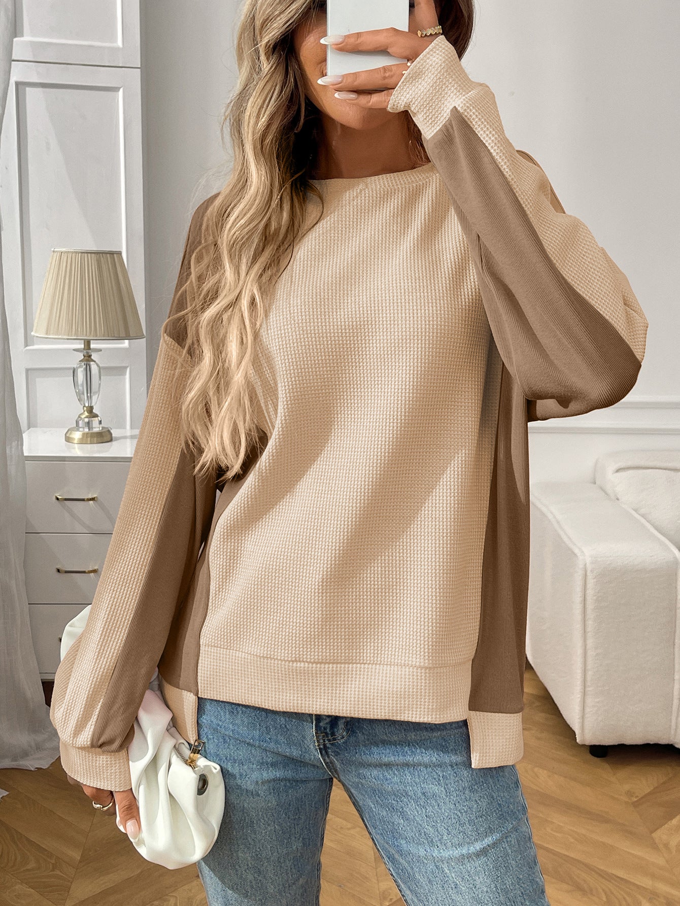 Color Block Waffle Knit Long Sleeve Pullover Top