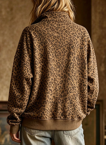 Leopard Print Half Zip Oversized Pullover Sweatshirt