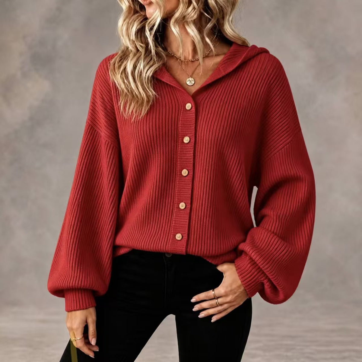 Womens Hooded Ribbed Cardigan Button Front Knit Sweater